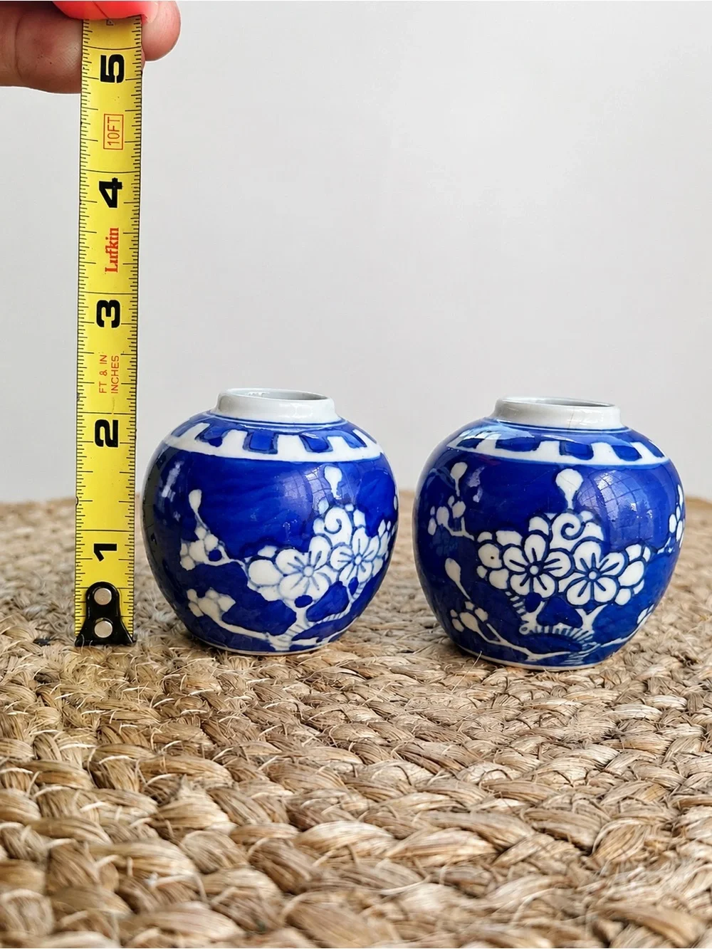 Vintage Chinese Blue White Mini Ginger Jars Pair Floral Porcelain No Lids